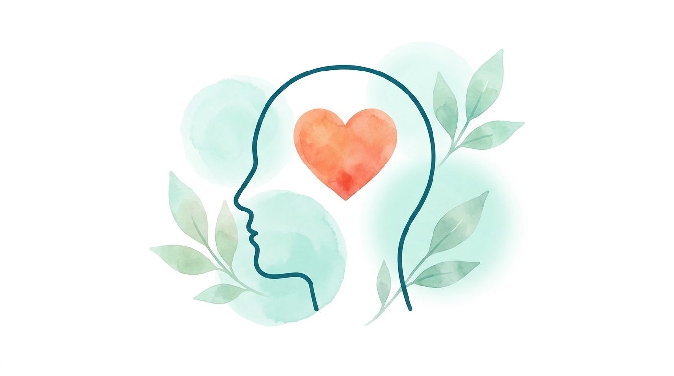 Ilustración de una persona con el corazón en su mente, representando el bienestar emocional