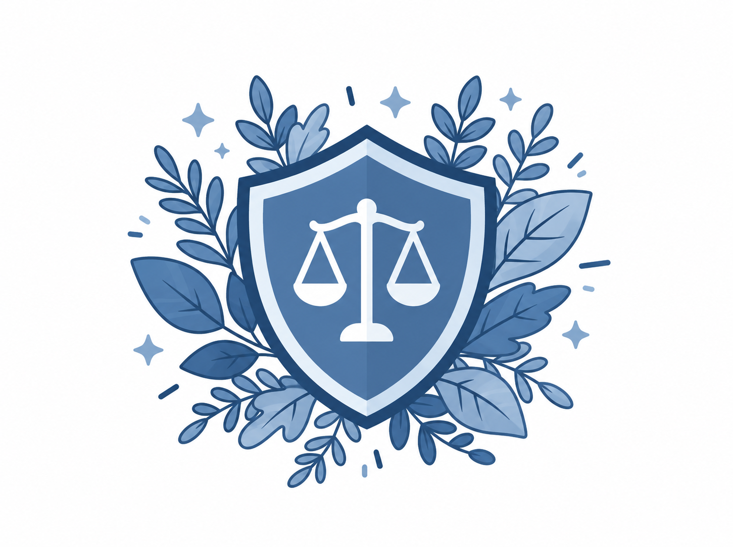 Ilustración de un escudo con una balanza de la justicia, rodeado de hojas, representando la protección de tus derechos