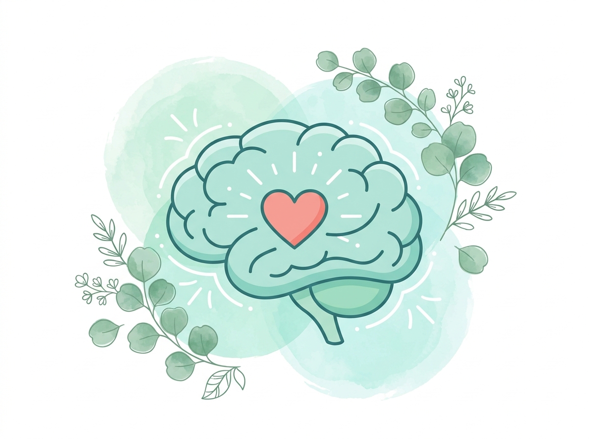 Ilustración de un cerebro con un corazón en el centro, rodeado de hojas, representando el bienestar emocional